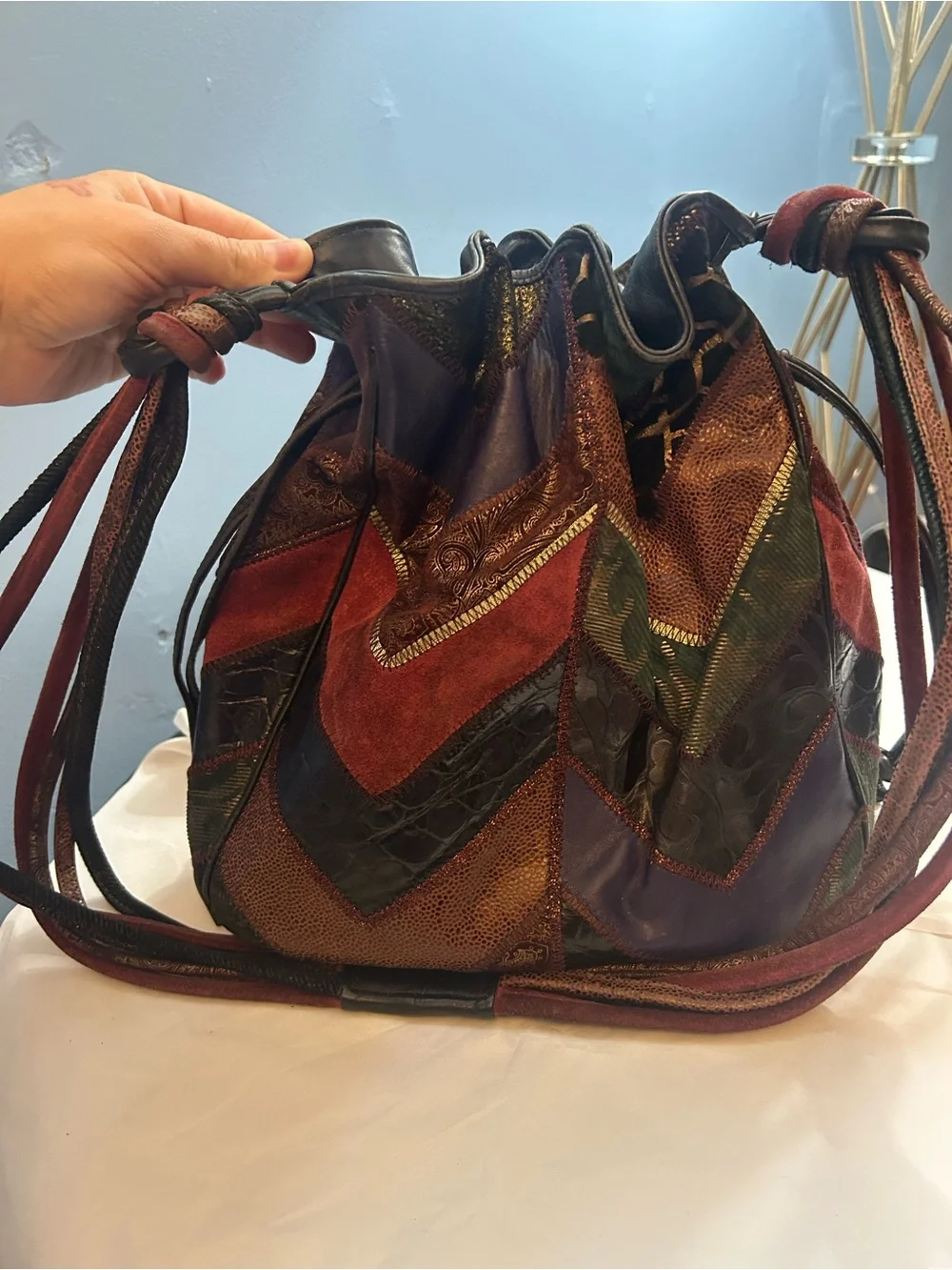 Vintage Carla Marchi Italian Leather Patchwork Bucket Bag – Boho Drawstring Hobo